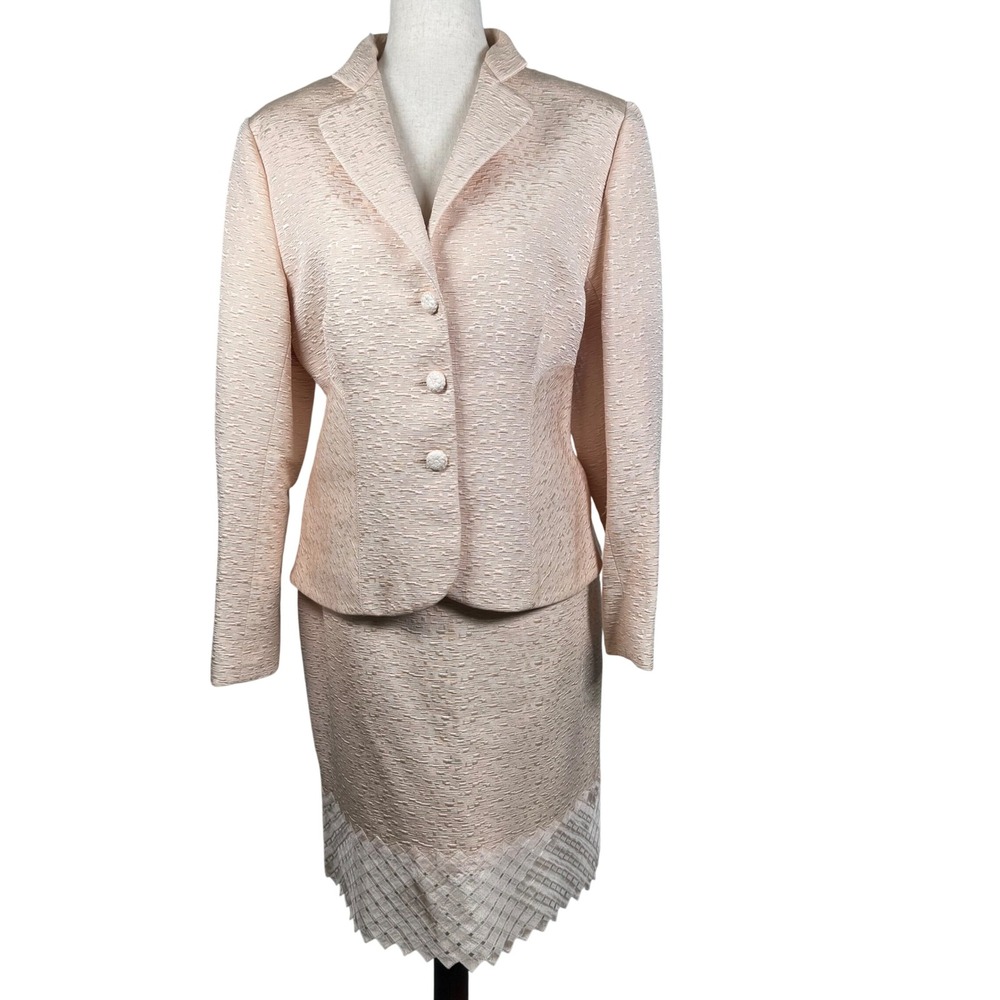 Kay Unger Skirt Suit Womens 14 Peach Silk Cotton Jacquard Classic Lace Hem Set